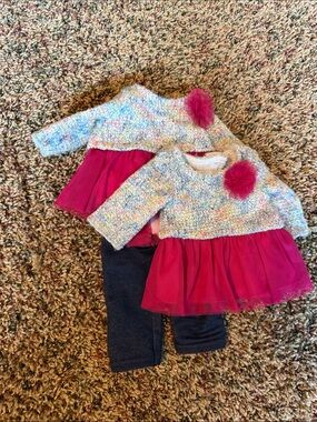 Dollie & Me Multicolor Sweater Top with Hot Pink Tulle Skirt and Navy Pants